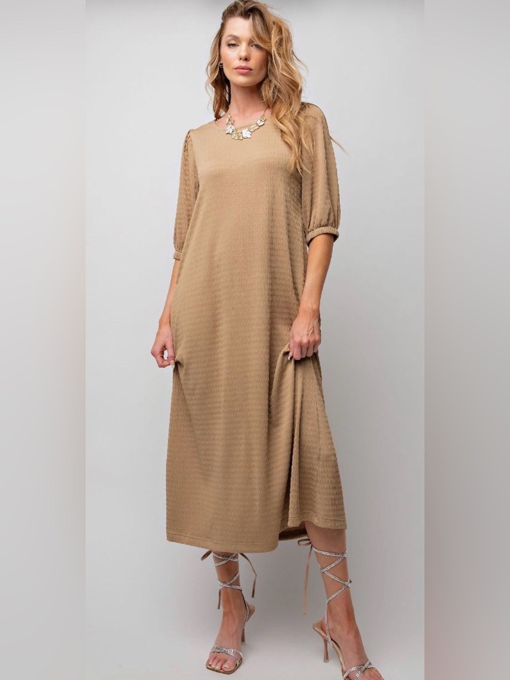 NEW! EASEL Textured Knit Mini Dress in Khaki - Picture 2 of 7
